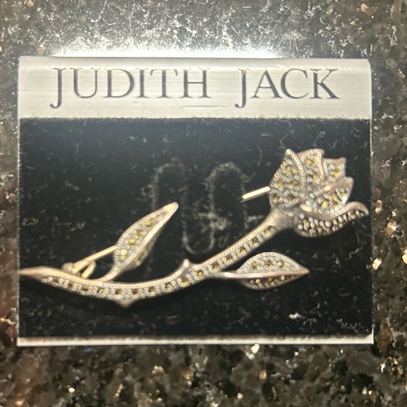 Vintage JUDITH JACK Sterling Marcasite STEMMED ROSE FLOWER Brooch 2-1/4” NEW - Picture 2 of 4